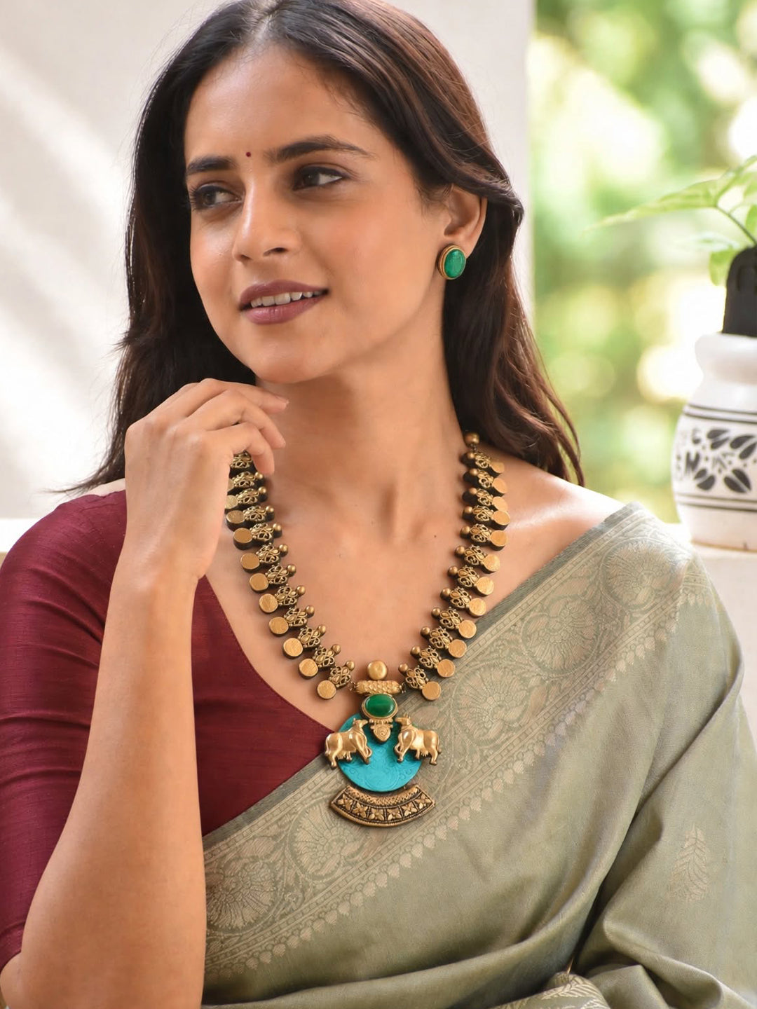 Haripriya – Handmade Antique Gold, Turquoise Blue & Emerald Green Twin Cow Pendant Necklace Set