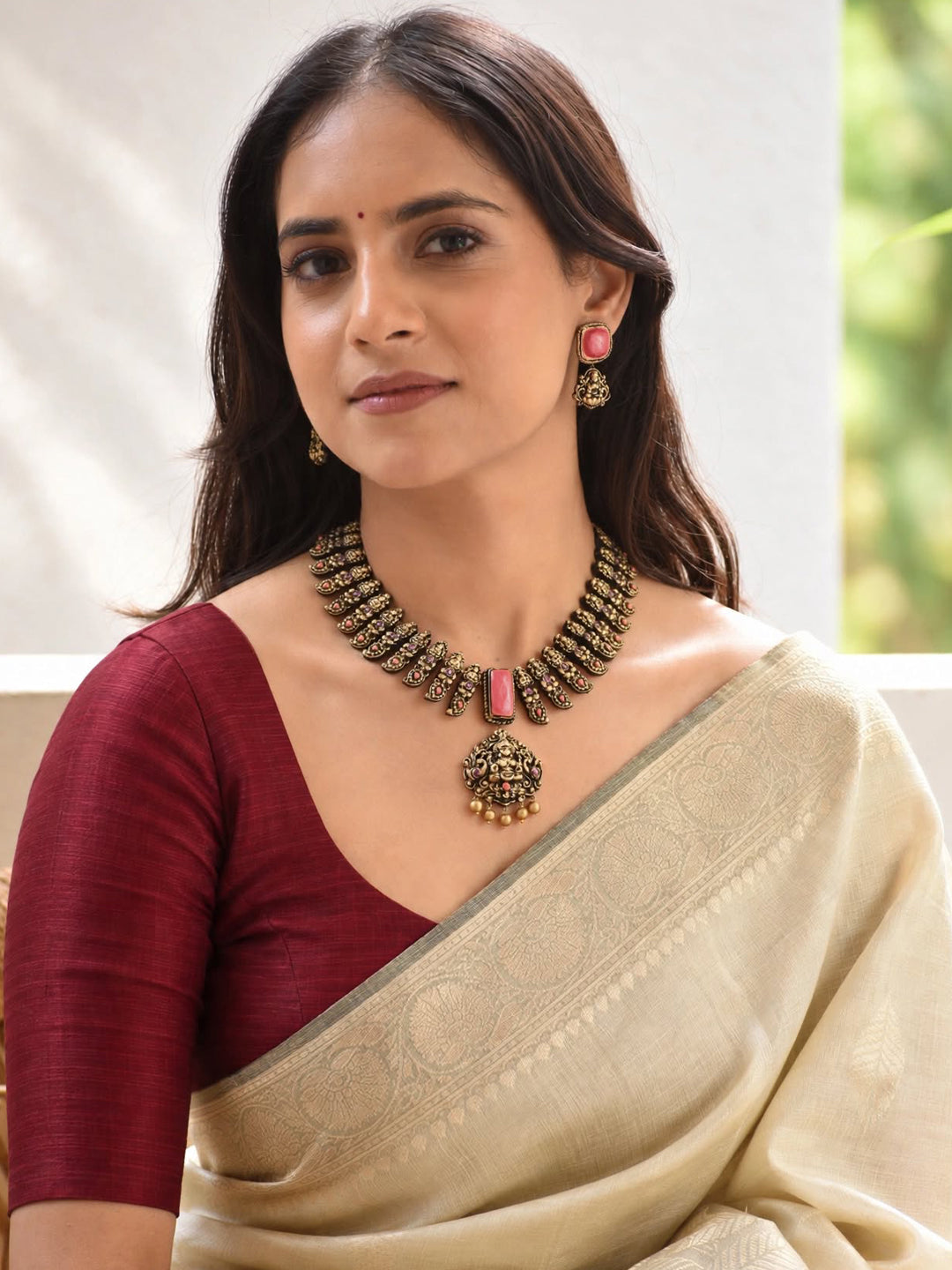 Rangoli — Antique Gold Layered Leaf Choker with Pink Stone Pendant Handmade Jewellery