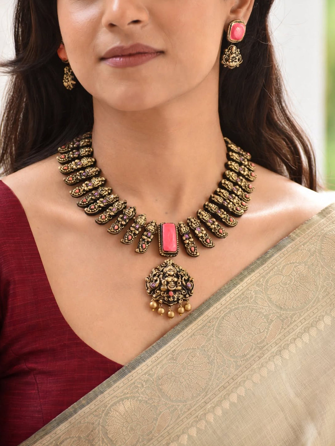 Rangoli — Antique Gold Layered Leaf Choker with Pink Stone Pendant Handmade Jewellery