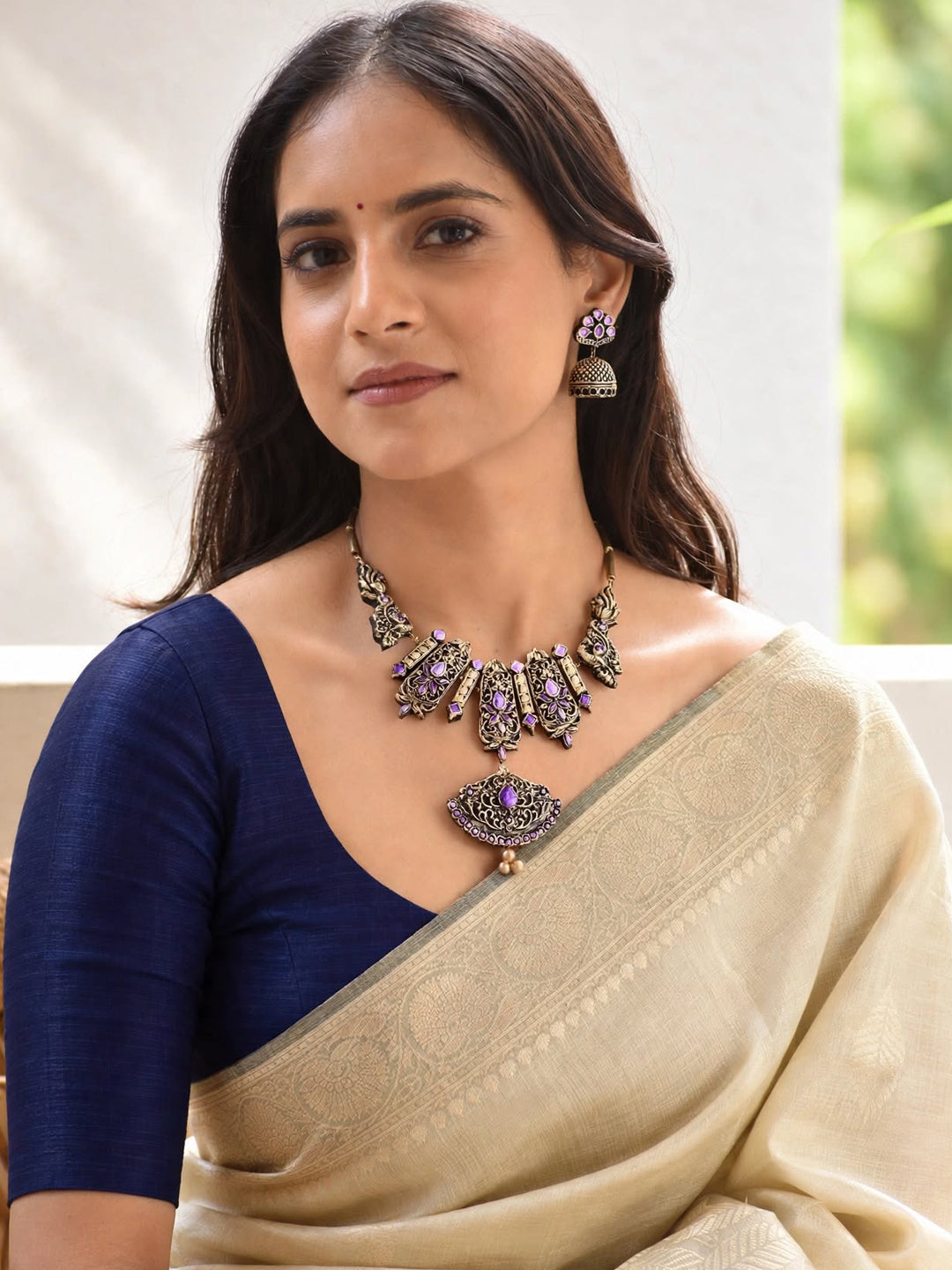 Mayurika — Antique Gold Purple Stone Panel Choker with Crescent Pendant Handmade Jewellery