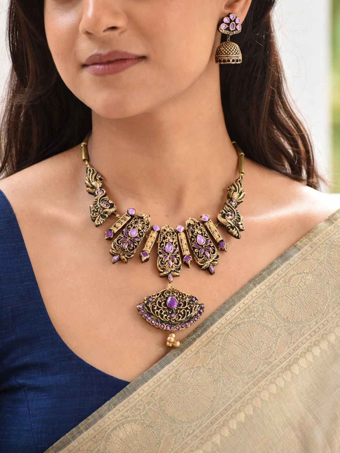 Mayurika — Antique Gold Purple Stone Panel Choker with Crescent Pendant Handmade Jewellery