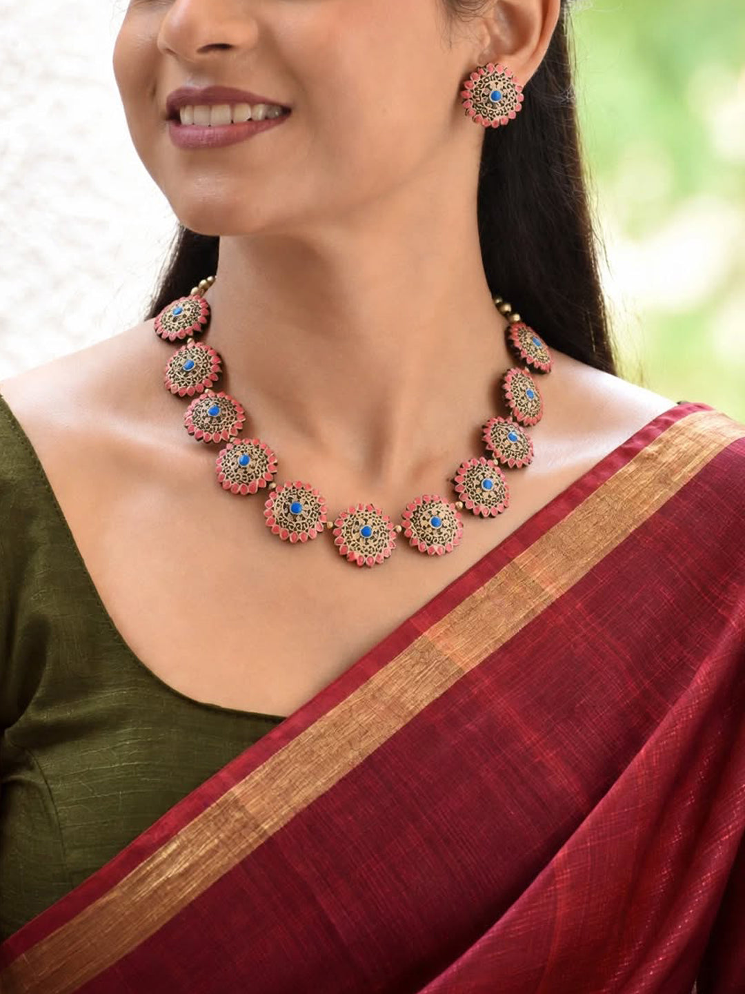 Shreya — Coral Pink and Turquoise Floral Disc Choker Necklace Handmade Jewellery
