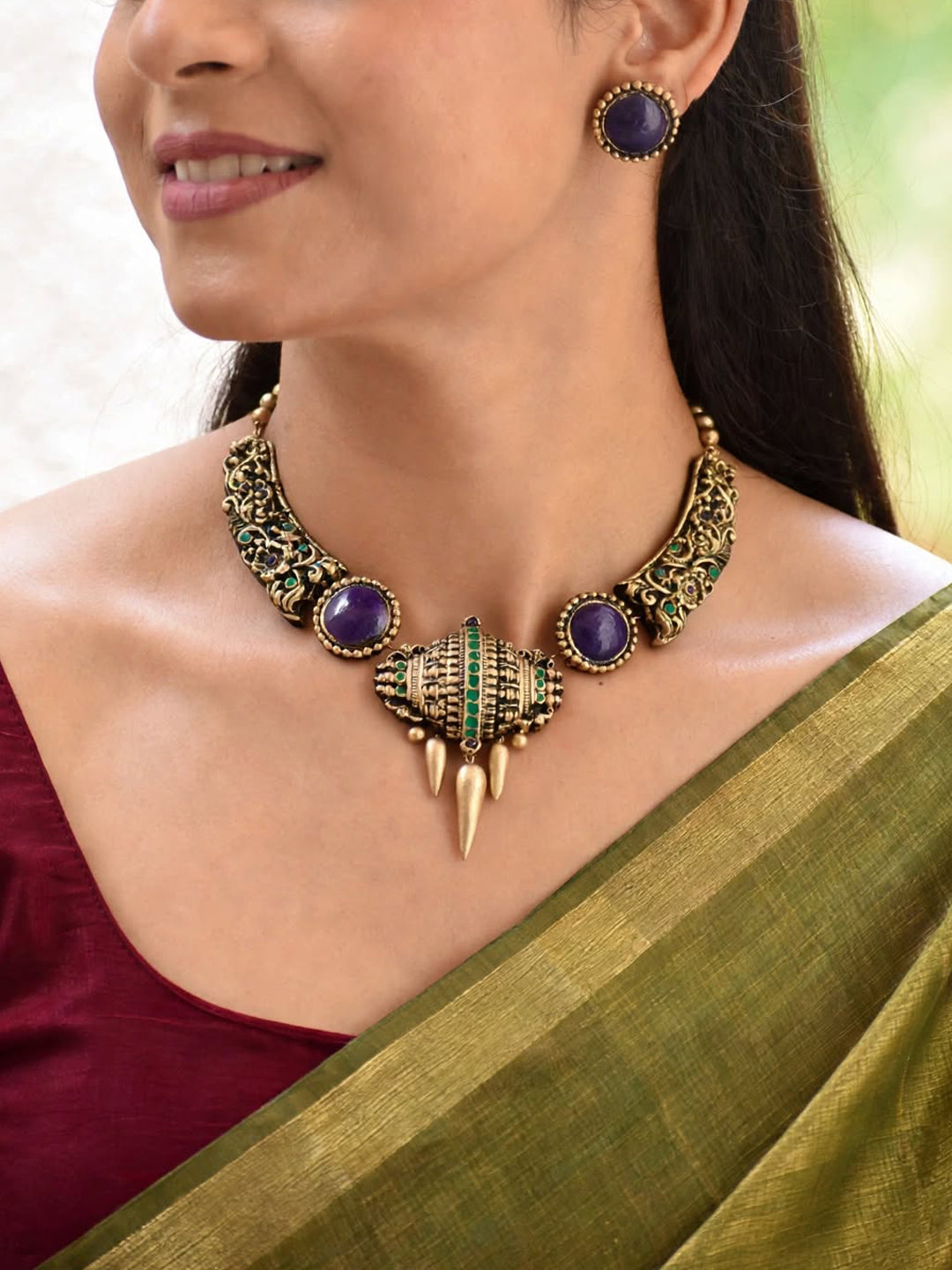 Mrinalini — Antique Gold Blue Stone Tribal Spike Choker Necklace Handmade Jewellery