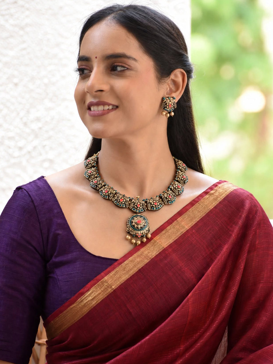 Vaidehi — Antique Gold Multicolour Floral Choker with Round Pendant Handmade Jewellery