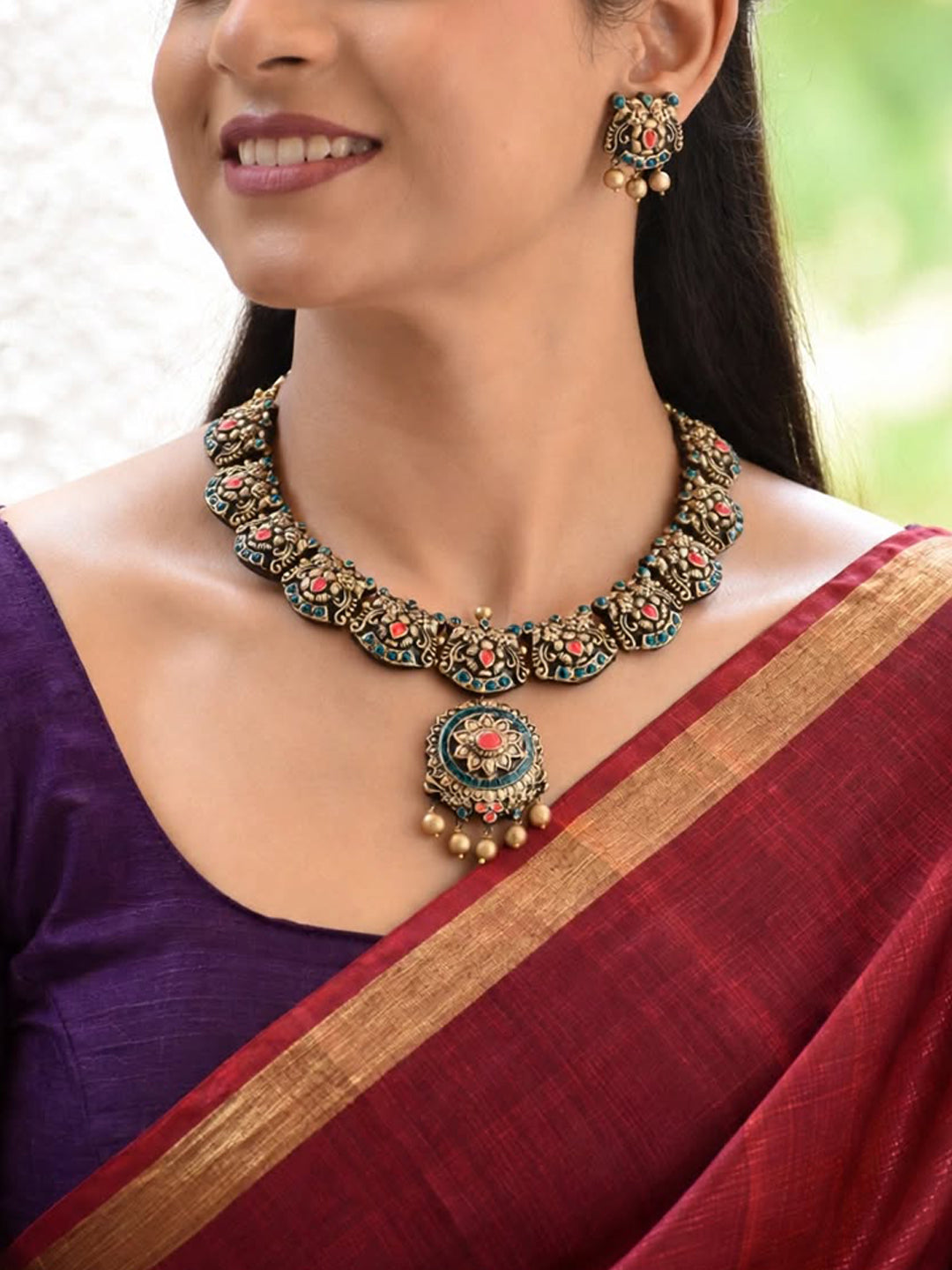 Vaidehi — Antique Gold Multicolour Floral Choker with Round Pendant Handmade Jewellery