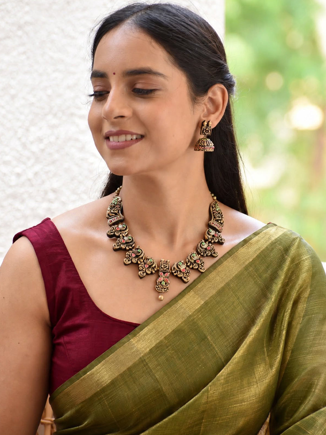 Aaradhya — Antique Gold Floral Vine Choker with Pink and Green Stone Accents Handmade Jewellery