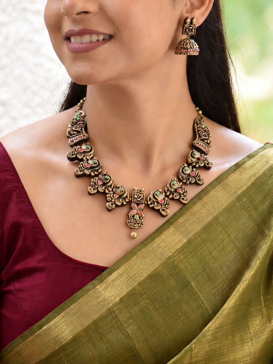 Aaradhya — Antique Gold Floral Vine Choker with Pink and Green Stone Accents Handmade Jewellery