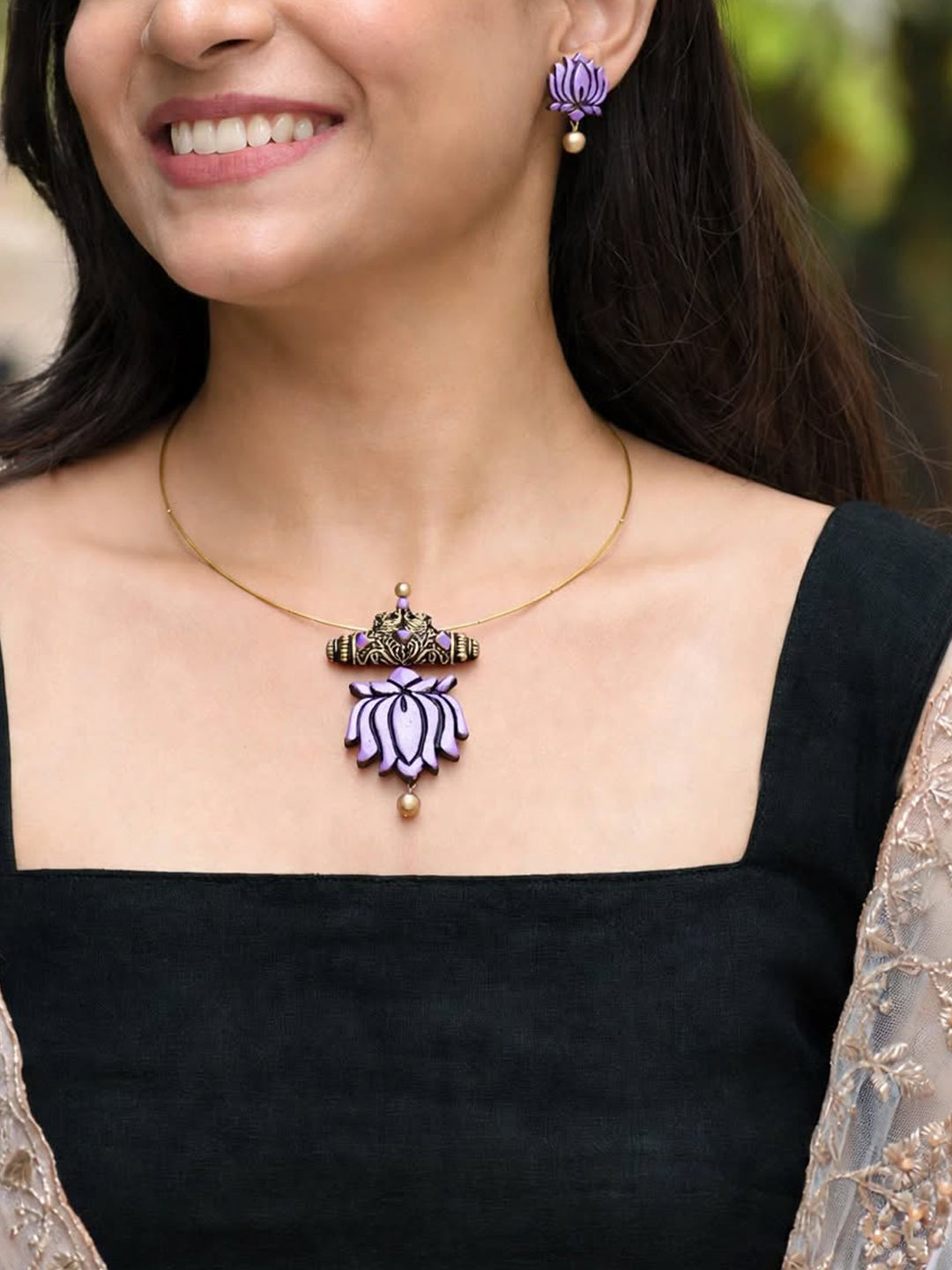 Shambhavi — Purple Lotus Gold Drop Stud Earrings Handmade Jewellery