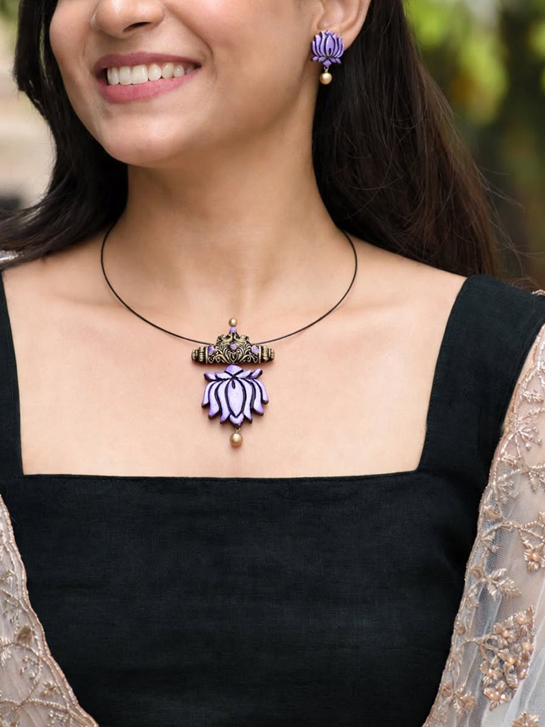 Aarohi — Purple Lotus Pendant Minimal Cord Necklace Handmade Jewellery