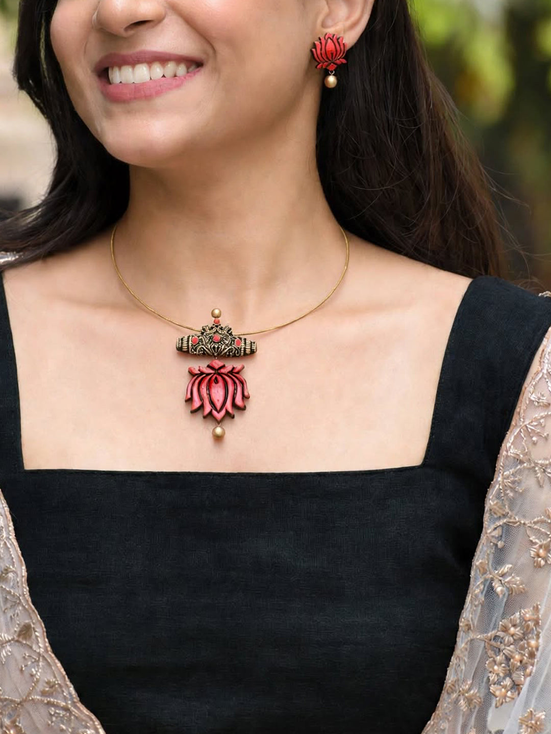 Manjari — Coral Pink Lotus Pendant Minimal Cord Necklace Handmade Jewellery