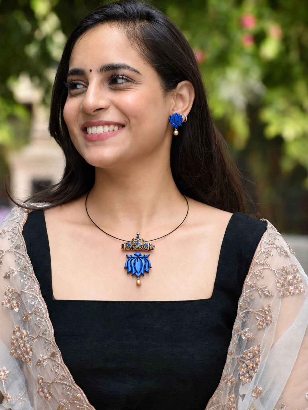 Vedika — Royal Blue Lotus Gold Drop Stud Earrings Handmade Jewellery