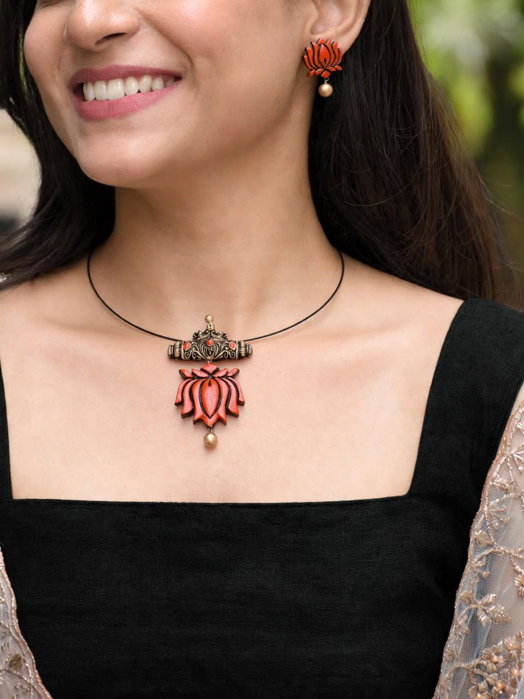 Kashvi — Coral Lotus Pendant Minimal Cord Necklace Handmade Jewellery