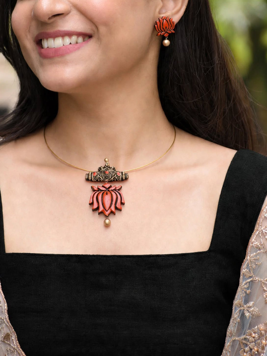 Niharika — Red Lotus Pendant Minimal Gold Cord Necklace Handmade Jewellery