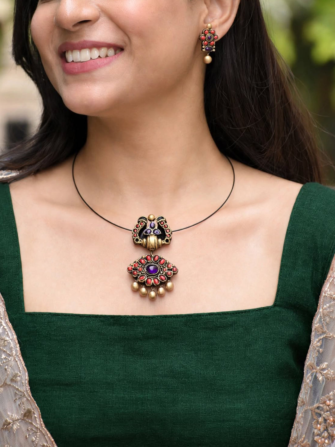 Tara — Antique Gold Red Stone Floral Drop Earrings Handmade Jewellery