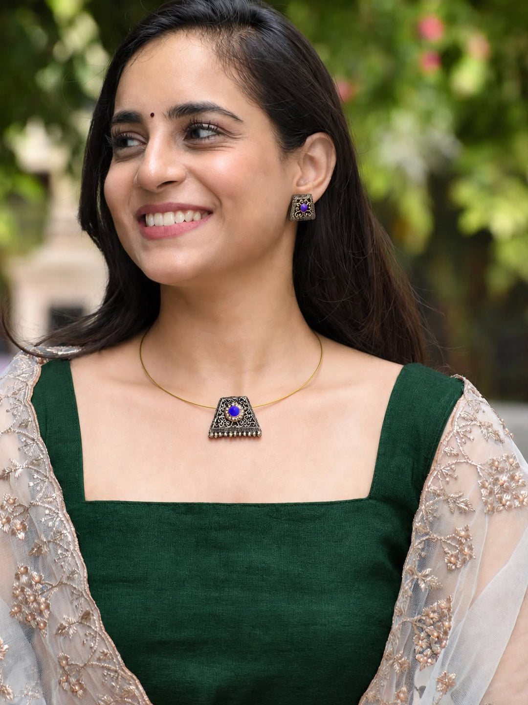 Vamika — Antique Gold Square Blue Stone Stud Earrings Handmade Jewellery