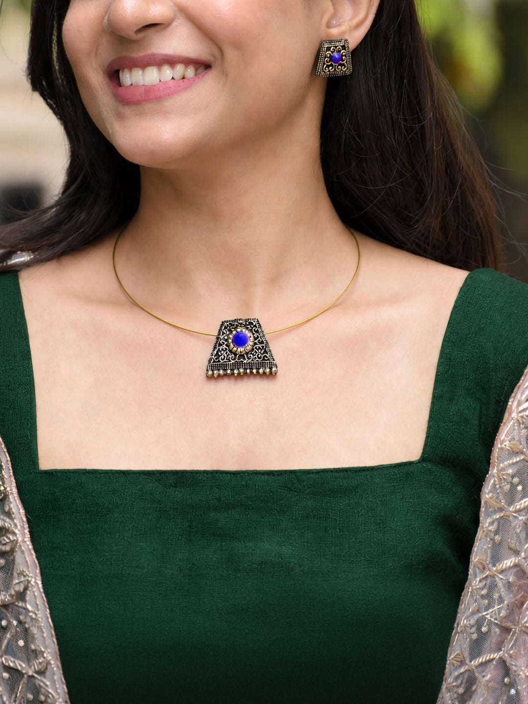 Vamika — Antique Gold Square Blue Stone Stud Earrings Handmade Jewellery