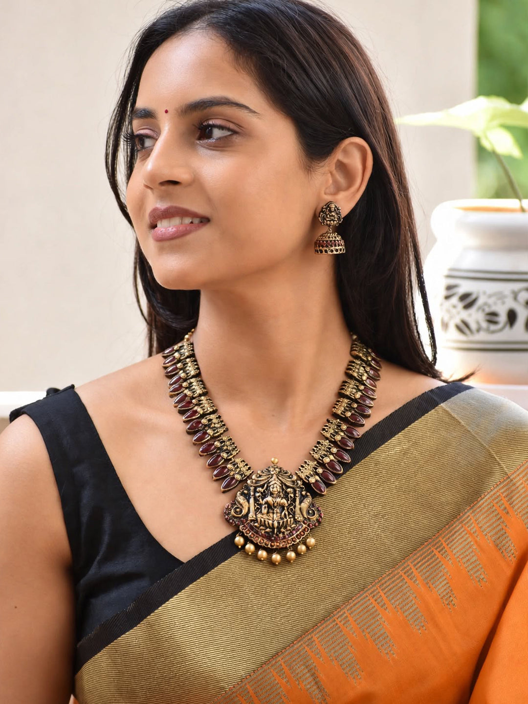 Pavitra — Antique Gold Textured Bead Necklace with Large Centre Pendant Handmade Jewellery