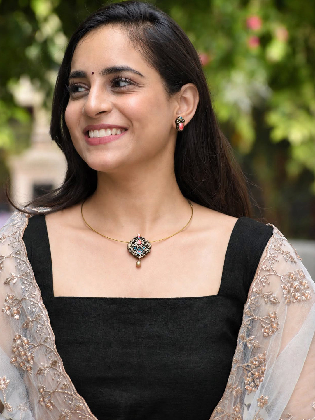 Harini — Antique Gold Square Floral Drop Earrings Handmade Jewellery
