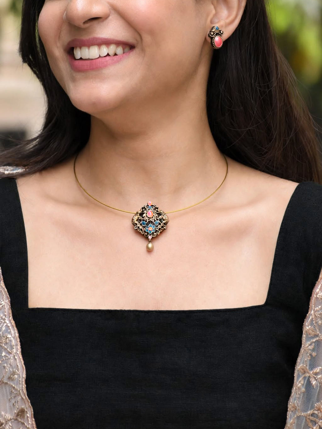 Harini — Antique Gold Square Floral Drop Earrings Handmade Jewellery