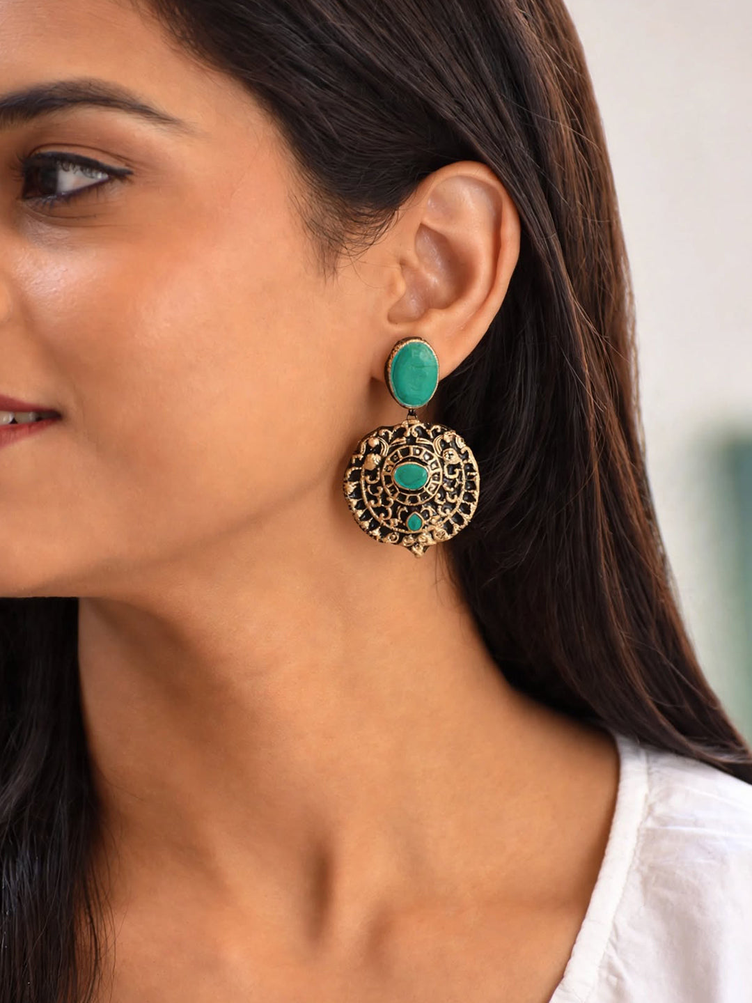 Roshni — Turquoise Stone Antique Gold Filigree Round Earrings Handmade Jewellery
