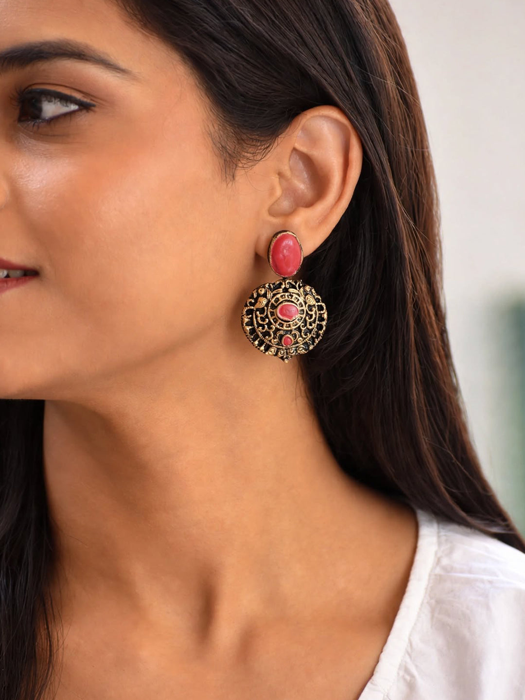 Kritika — Coral Pink Stone Antique Gold Round Drop Earrings Handmade Jewellery