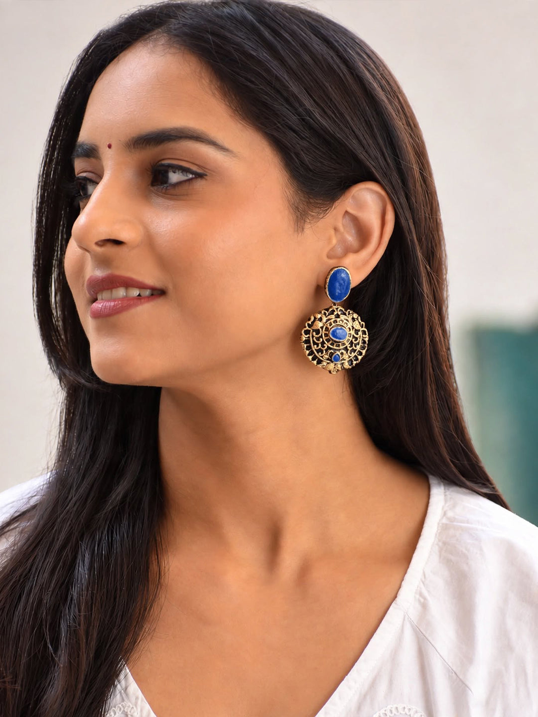 Janaki — Royal Blue Stone Antique Gold Filigree Earrings Handmade Jewellery