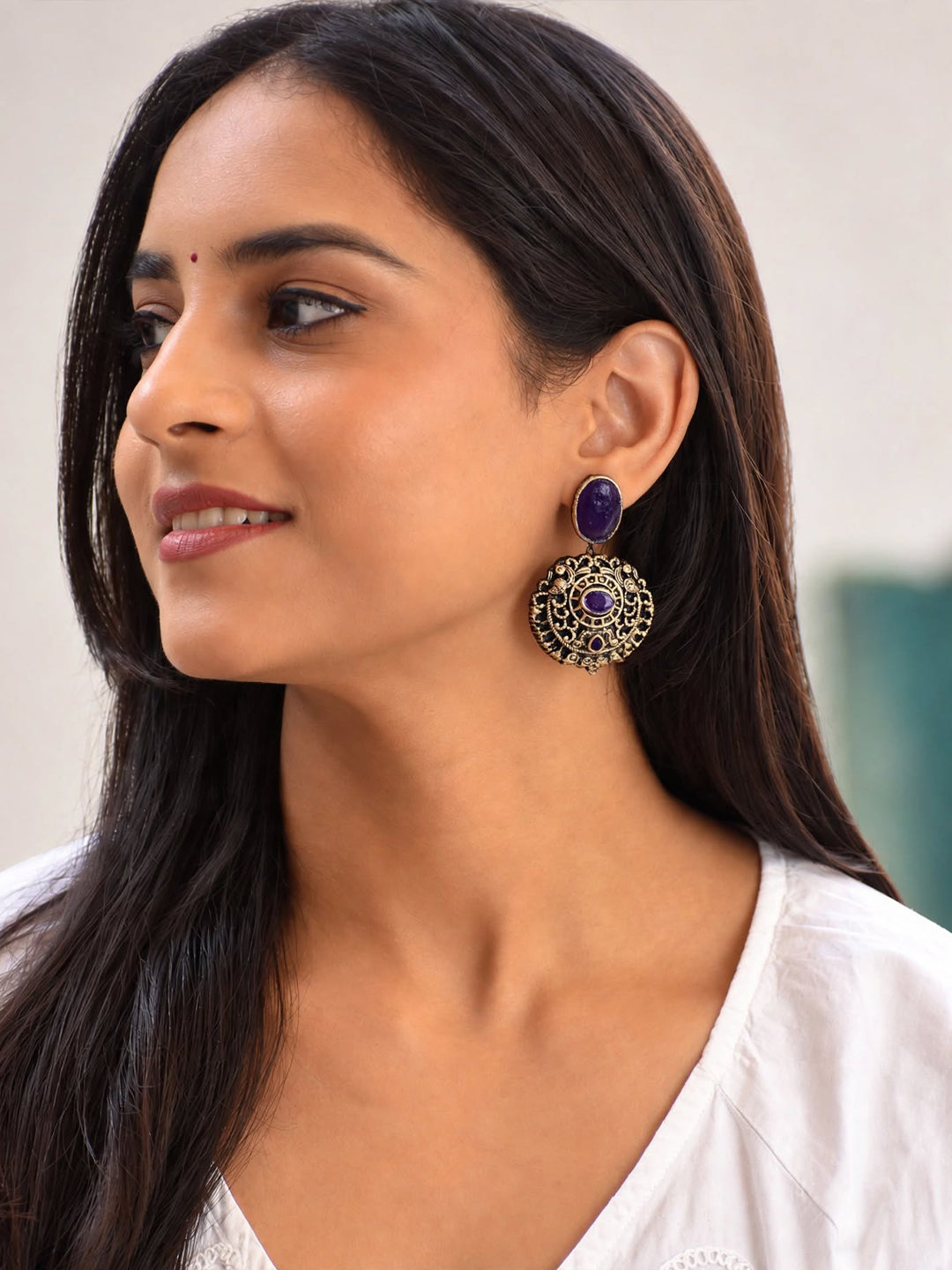 Pallavi — Purple Stone Antique Gold Filigree Round Earrings Handmade Jewellery