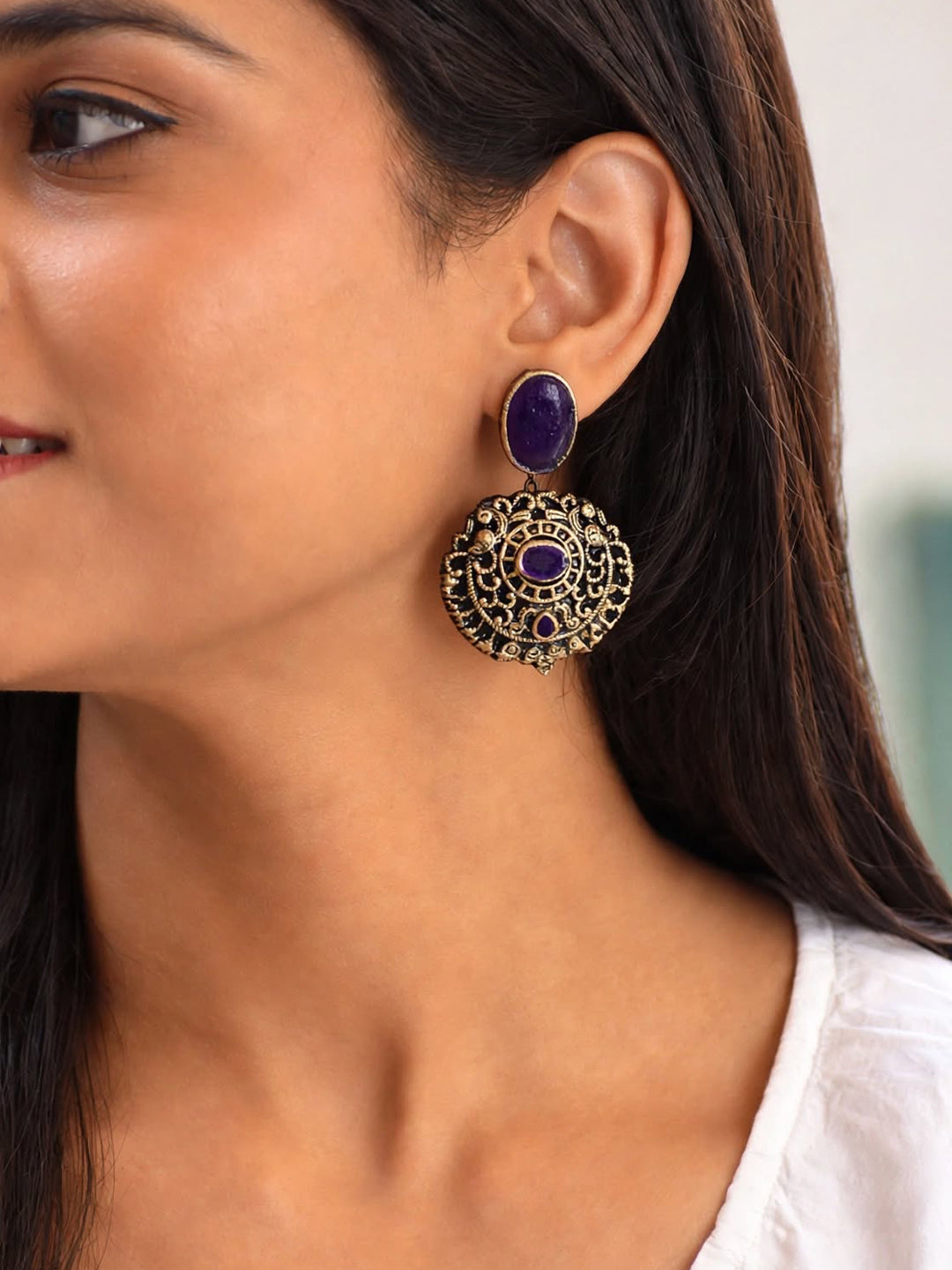 Pallavi — Purple Stone Antique Gold Filigree Round Earrings Handmade Jewellery