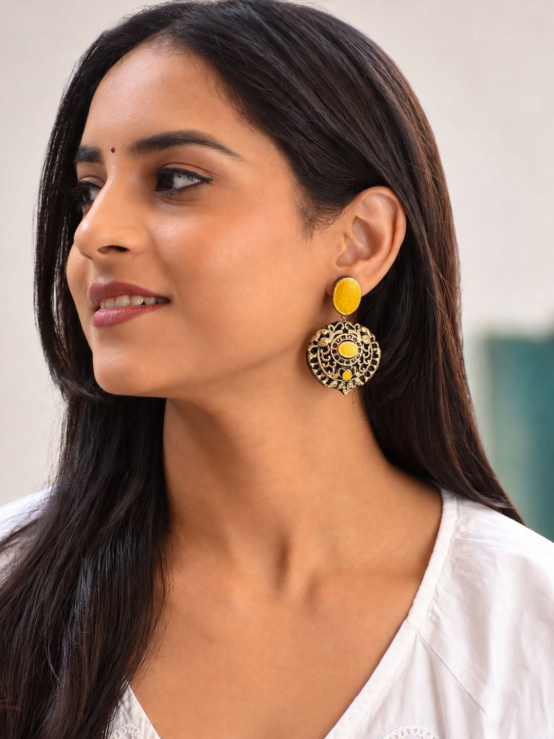 Malini — Mustard Yellow Stone Antique Gold Round Drop Earrings Handmade Jewellery