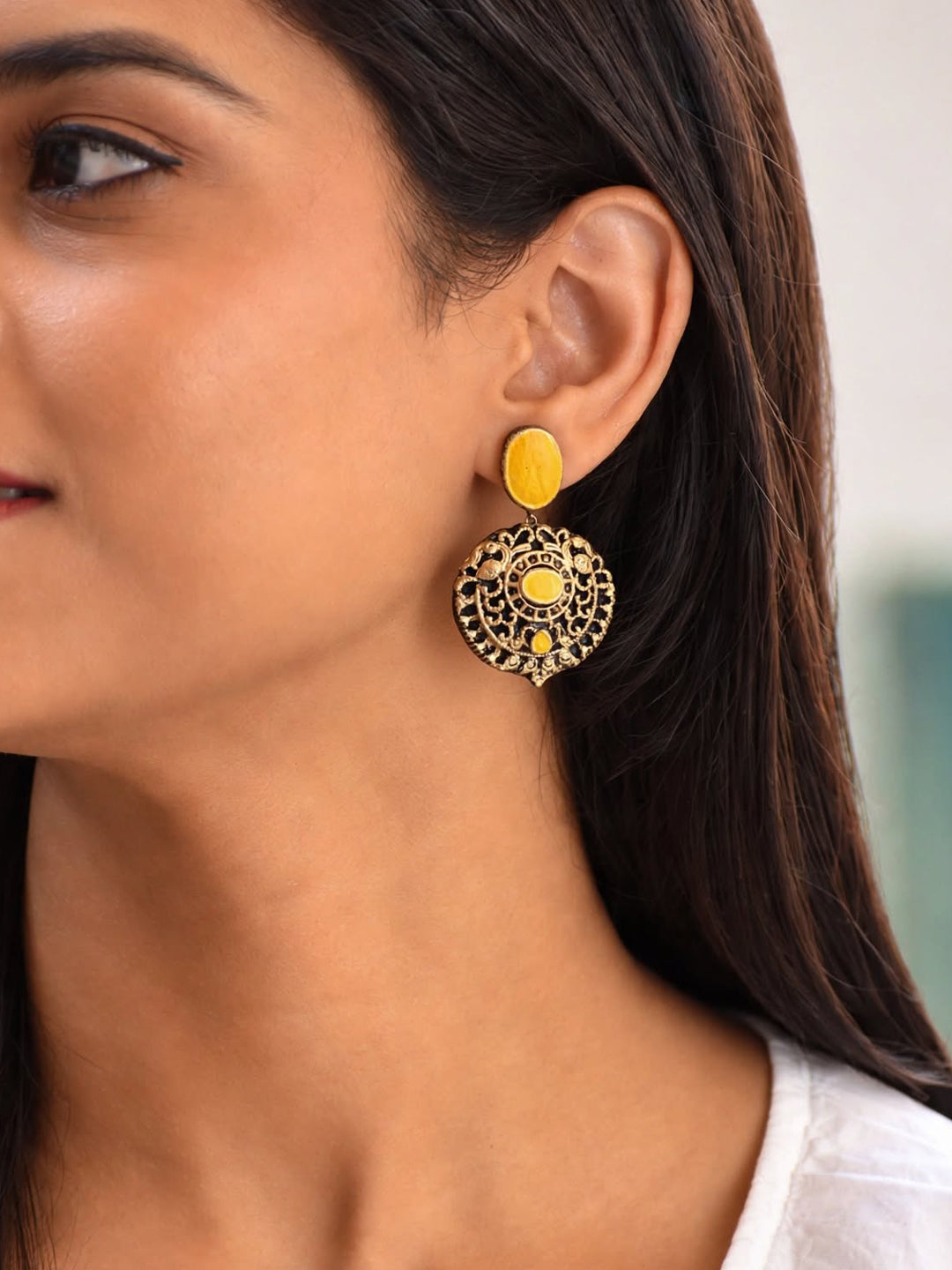 Malini — Mustard Yellow Stone Antique Gold Round Drop Earrings Handmade Jewellery