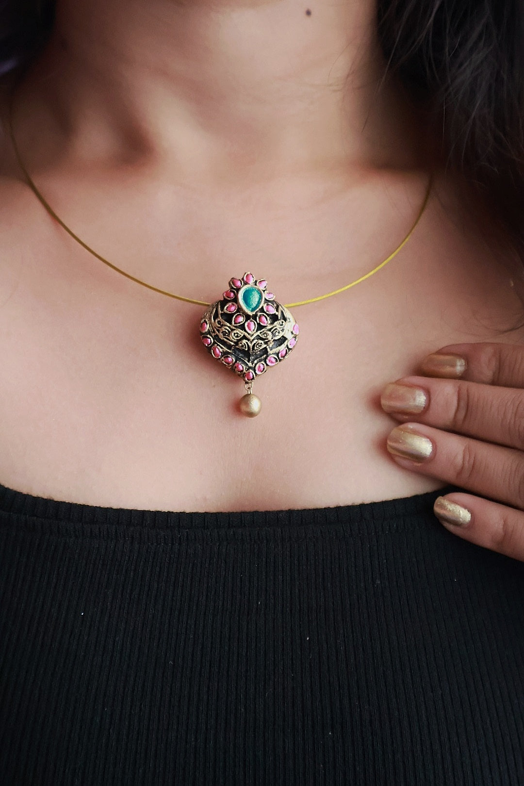 Kanika — Minimal Gold Cord Multicolour Floral Pendant Necklace Handmade Jewellery
