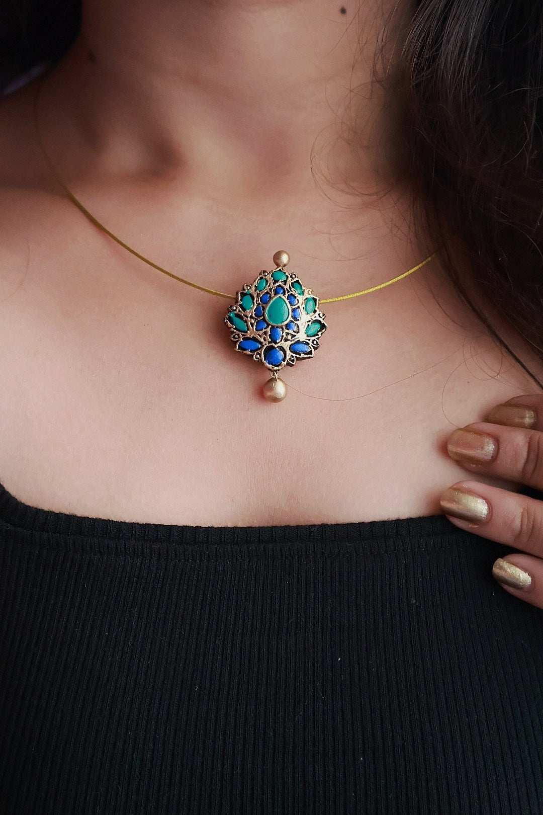 Ragini — Minimal Gold Cord Turquoise Floral Pendant Necklace Handmade Jewellery