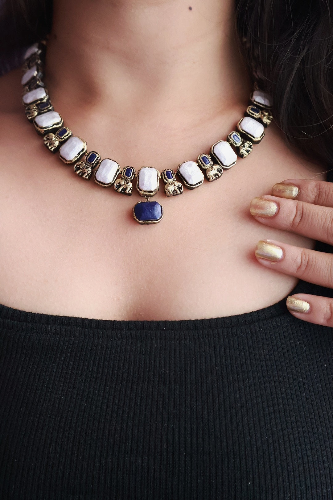 Ahalya — Silver Tone Square Bead Necklace with Blue Stone Drop Handmade Jewellery