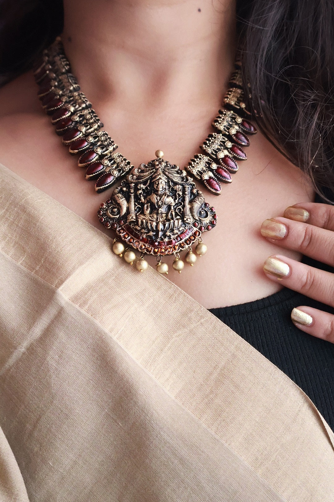 Pavitra — Antique Gold Textured Bead Necklace with Large Centre Pendant Handmade Jewellery