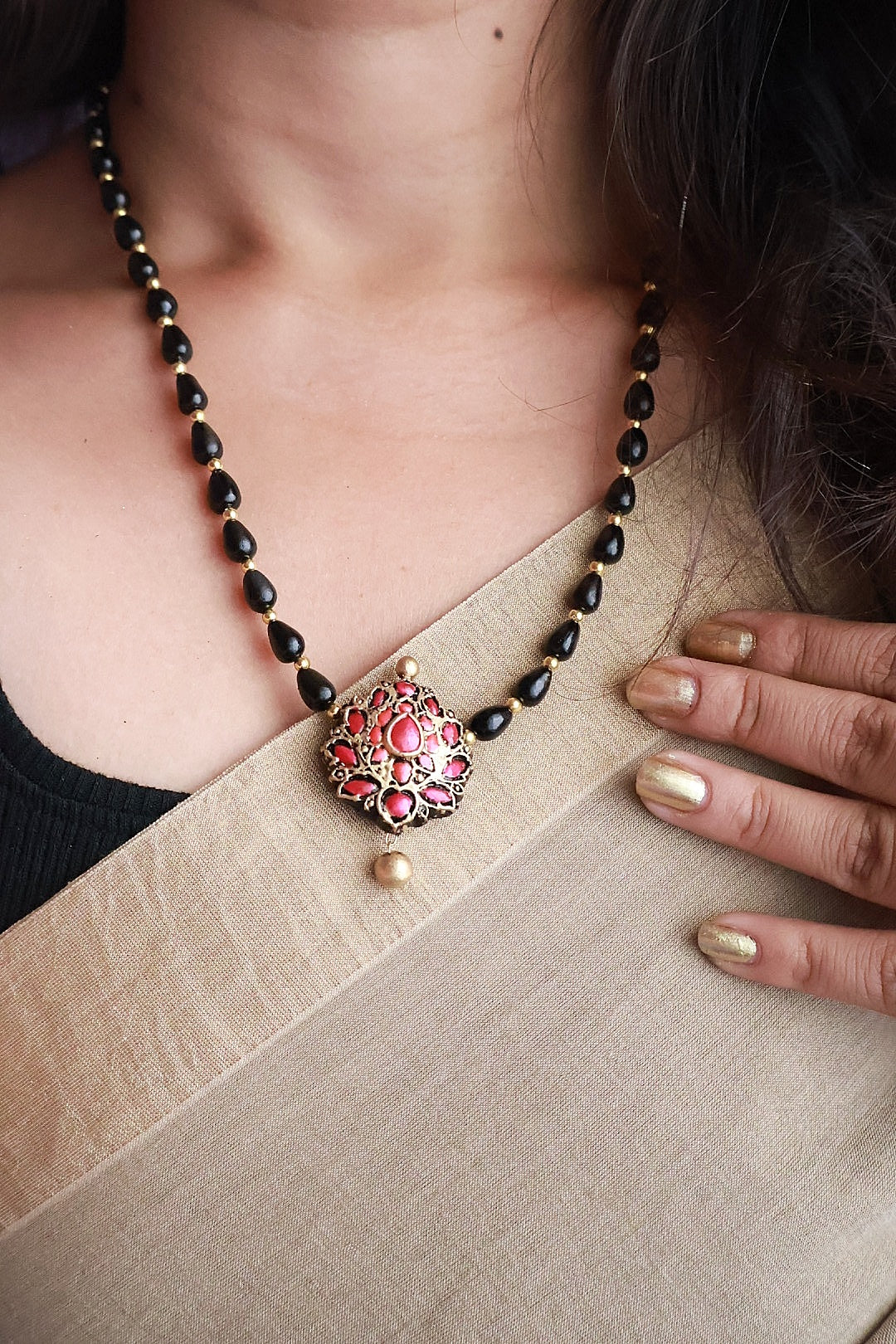 Suhasini — Black Beaded Antique Gold Pink Floral Pendant Necklace Handmade Jewellery