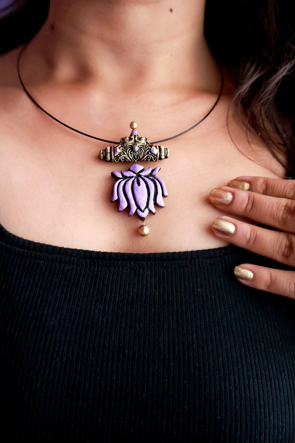 Aarohi — Purple Lotus Pendant Minimal Cord Necklace Handmade Jewellery