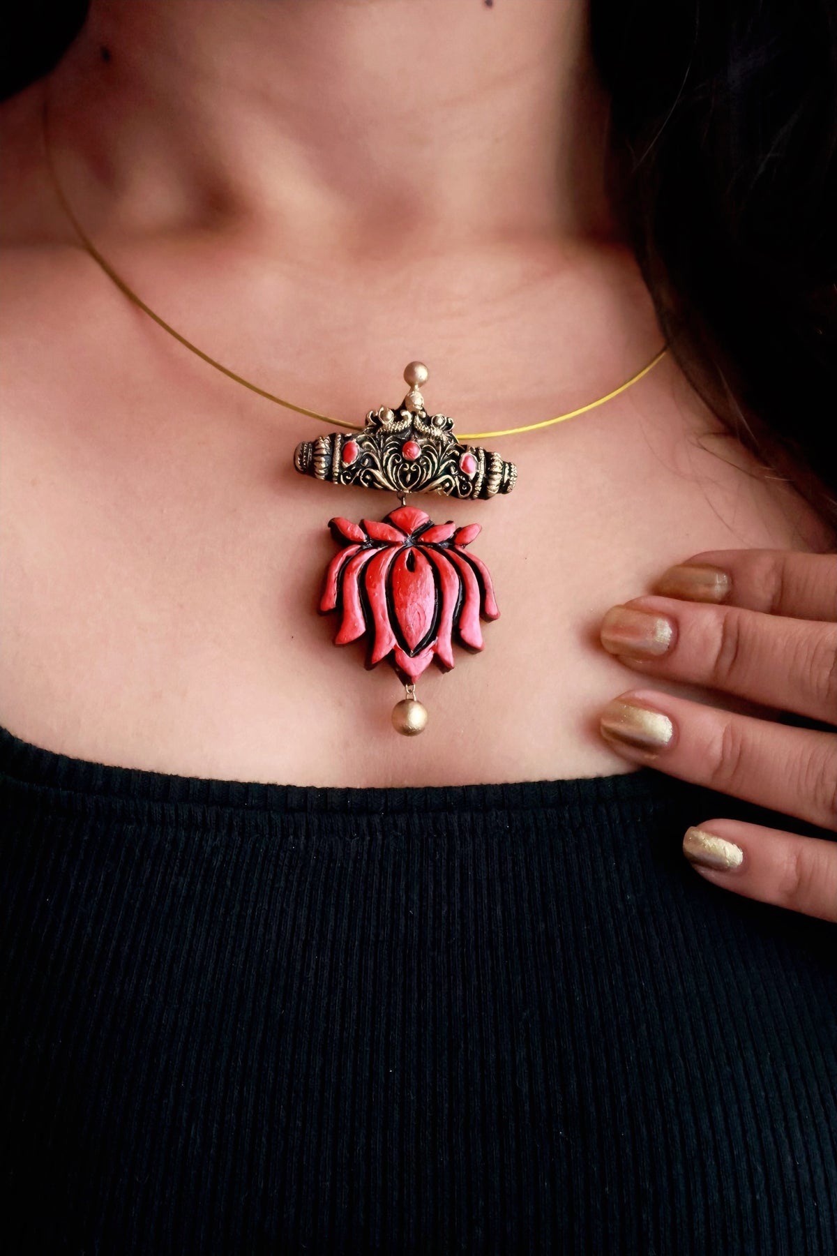 Manjari — Coral Pink Lotus Pendant Minimal Cord Necklace Handmade Jewellery