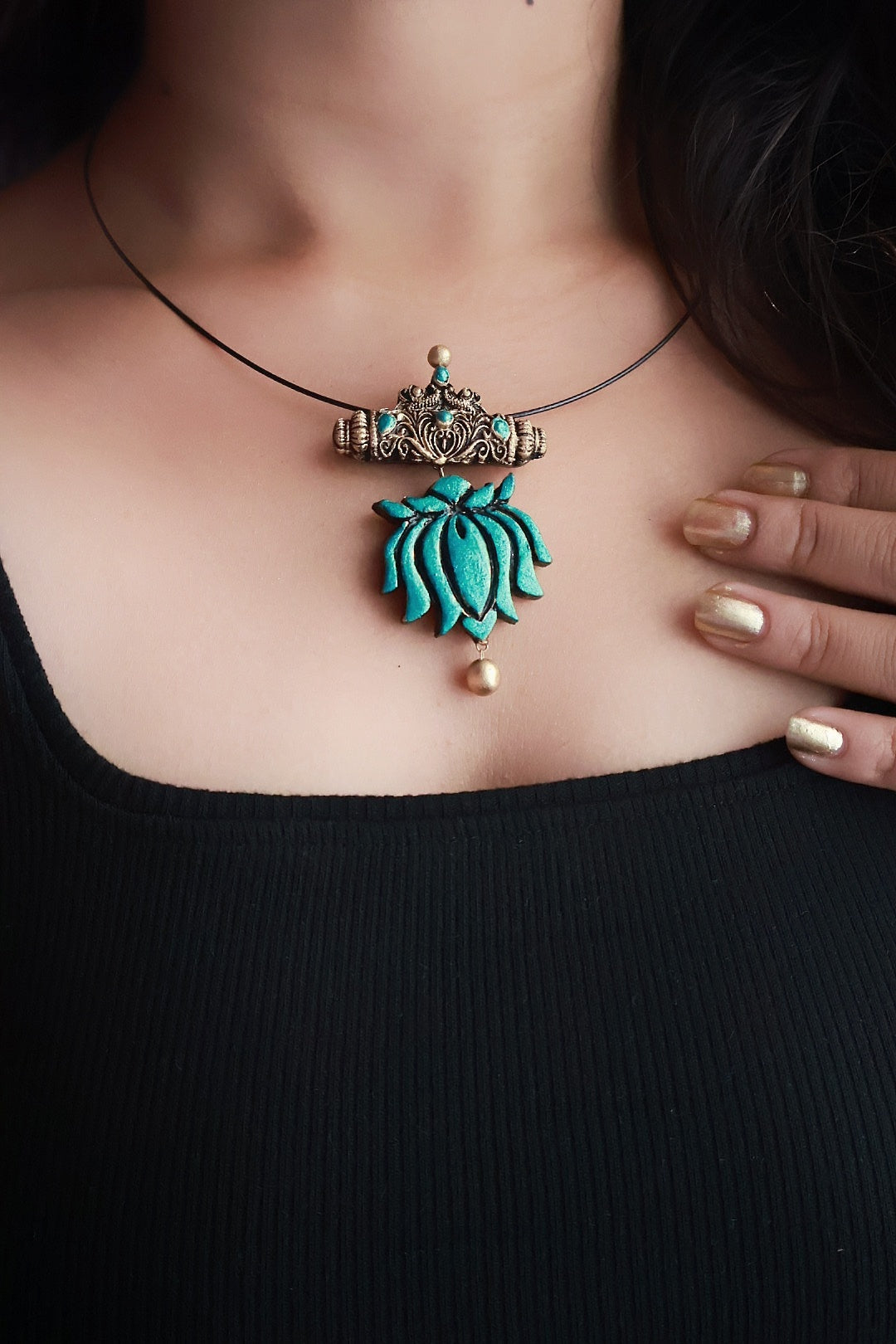 Srishti — Turquoise Lotus Gold Drop Stud Earrings Handmade Jewellery
