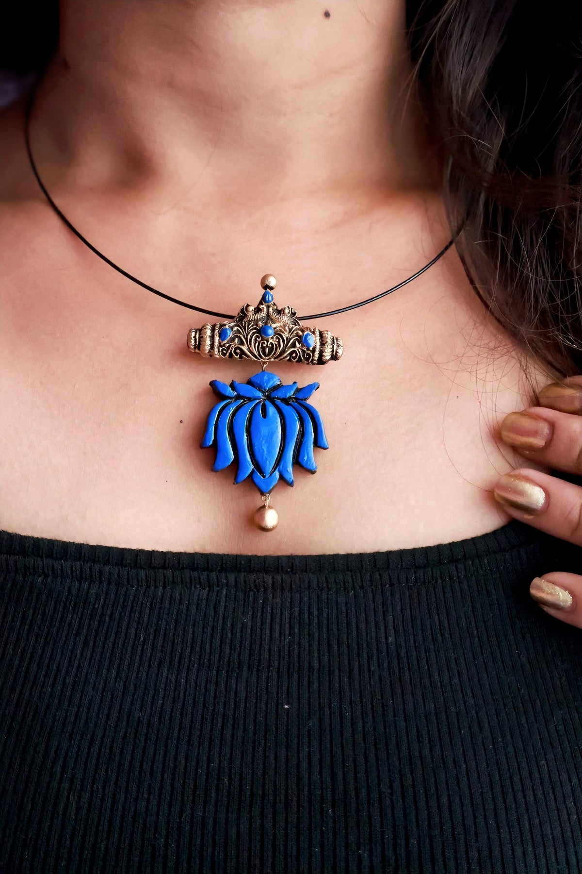 Vedika — Royal Blue Lotus Gold Drop Stud Earrings Handmade Jewellery