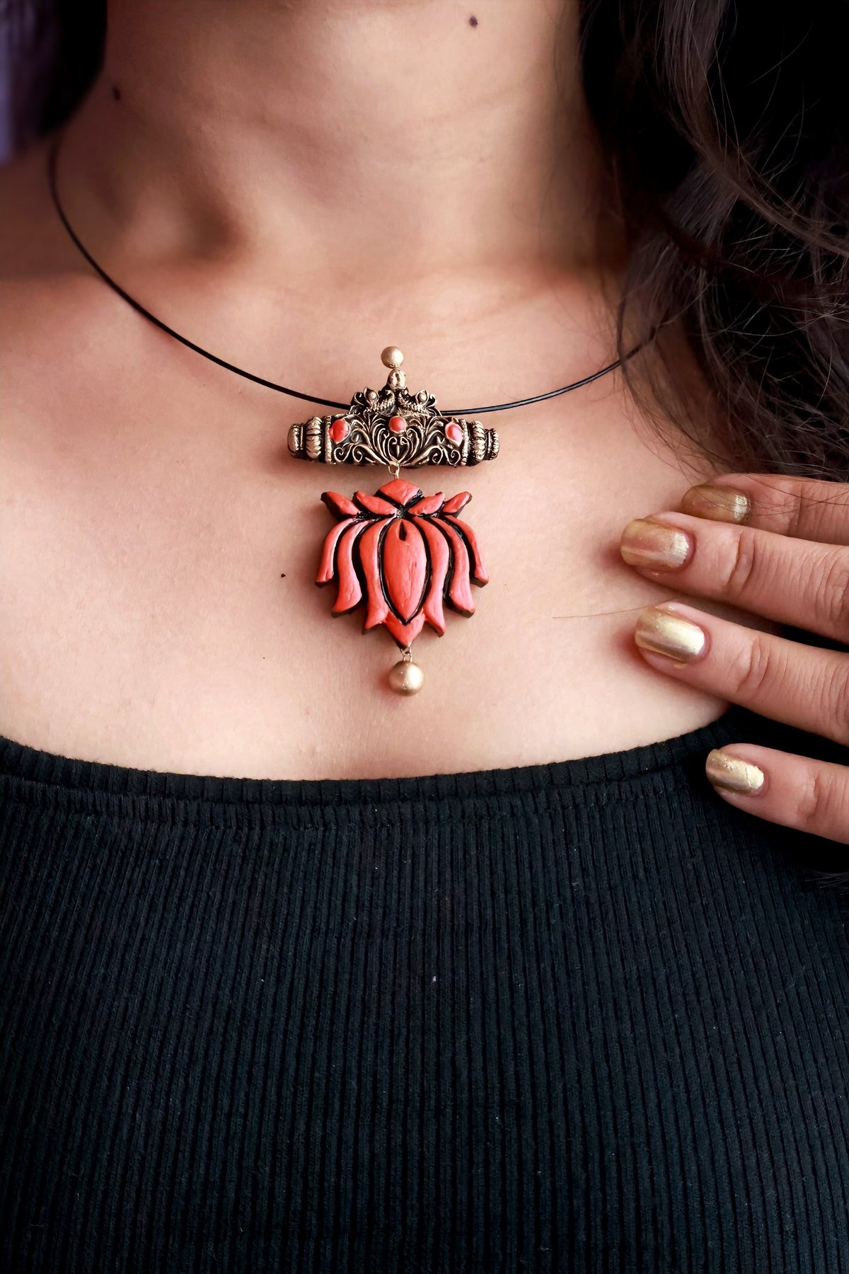 Kashvi — Coral Lotus Pendant Minimal Cord Necklace Handmade Jewellery