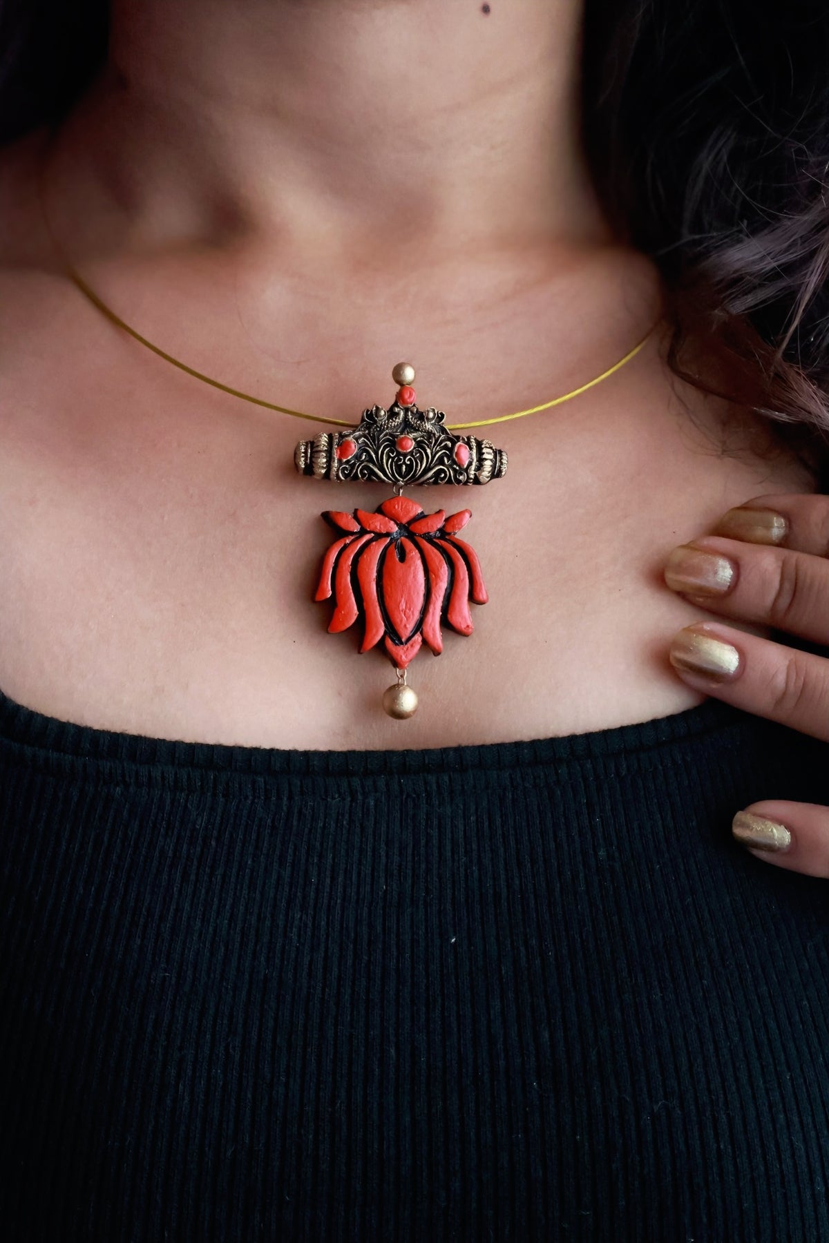 Niharika — Red Lotus Pendant Minimal Gold Cord Necklace Handmade Jewellery