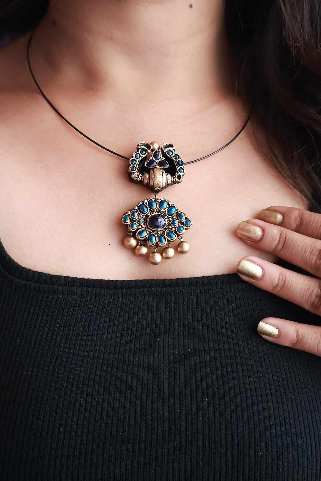Lasya — Antique Gold Blue Stone Floral Drop Earrings Handmade Jewellery