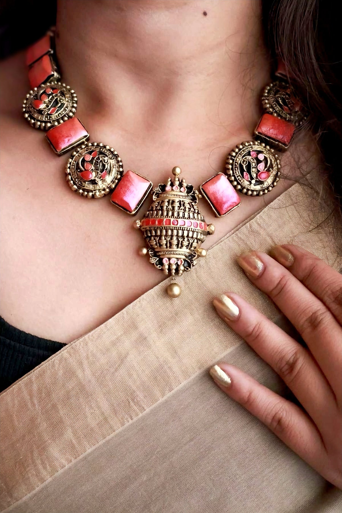 Avani — Antique Gold Coral Bead Temple Pendant Necklace Handmade Jewellery