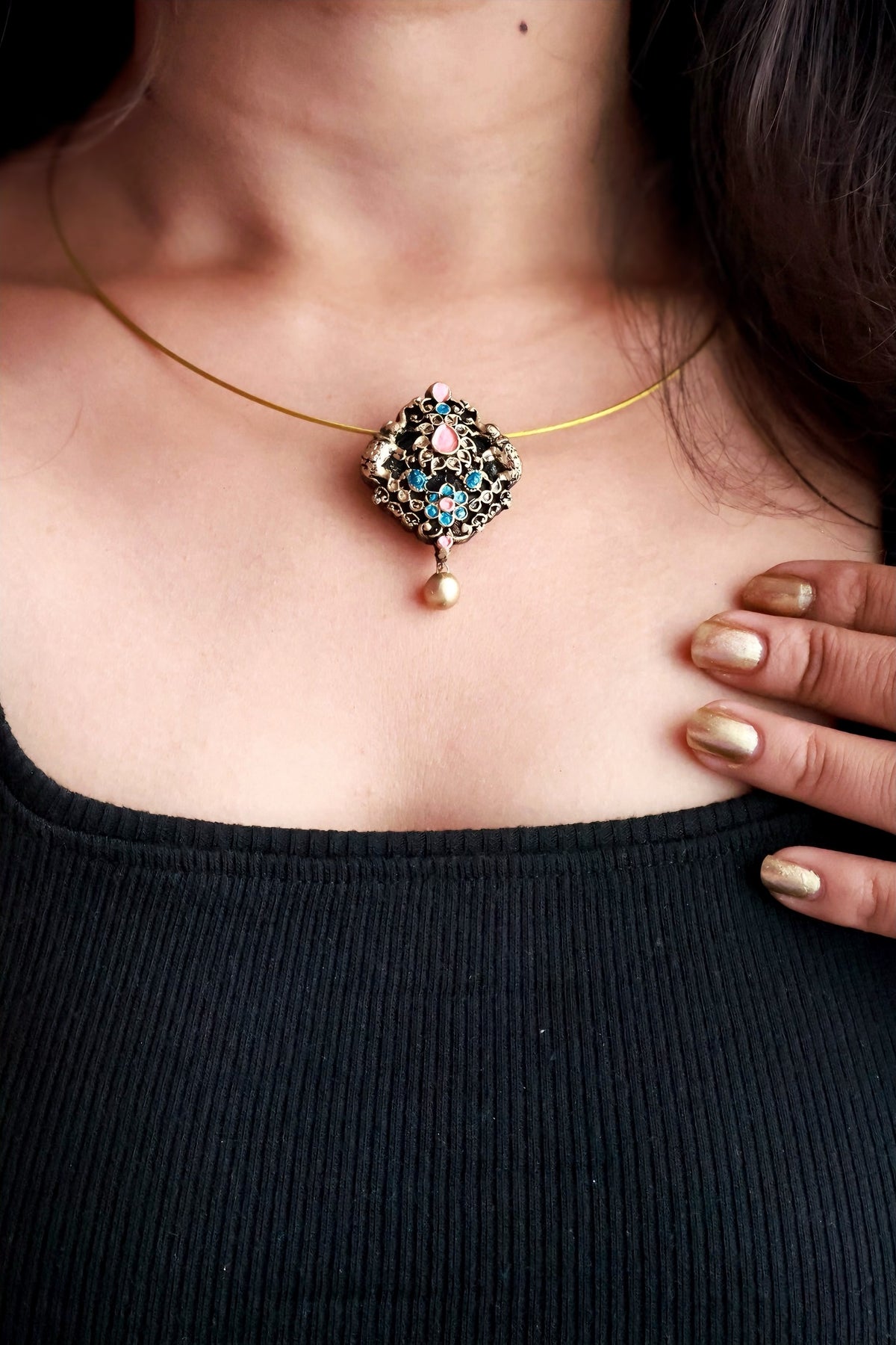 Harini — Antique Gold Square Floral Drop Earrings Handmade Jewellery