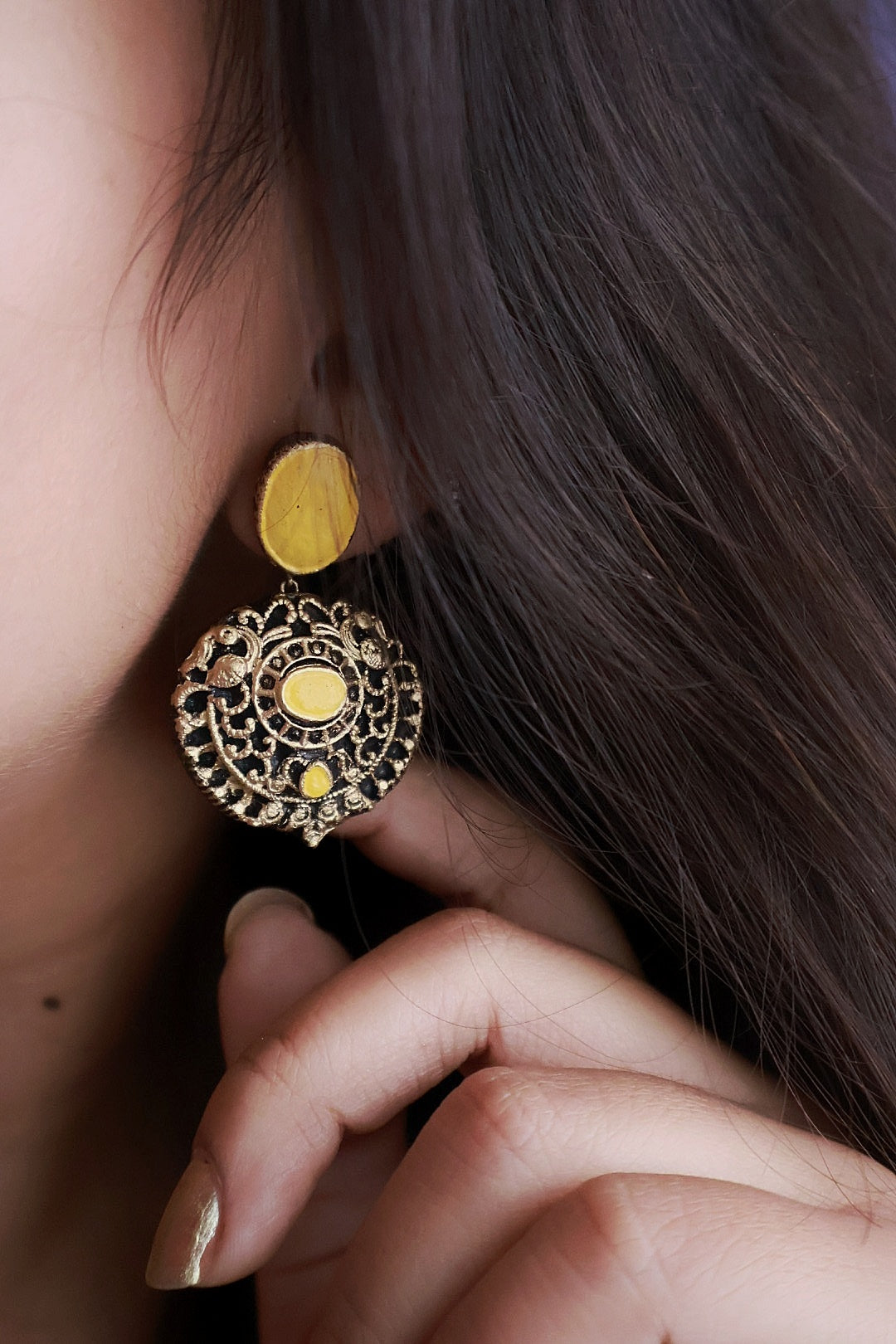 Malini — Mustard Yellow Stone Antique Gold Round Drop Earrings Handmade Jewellery