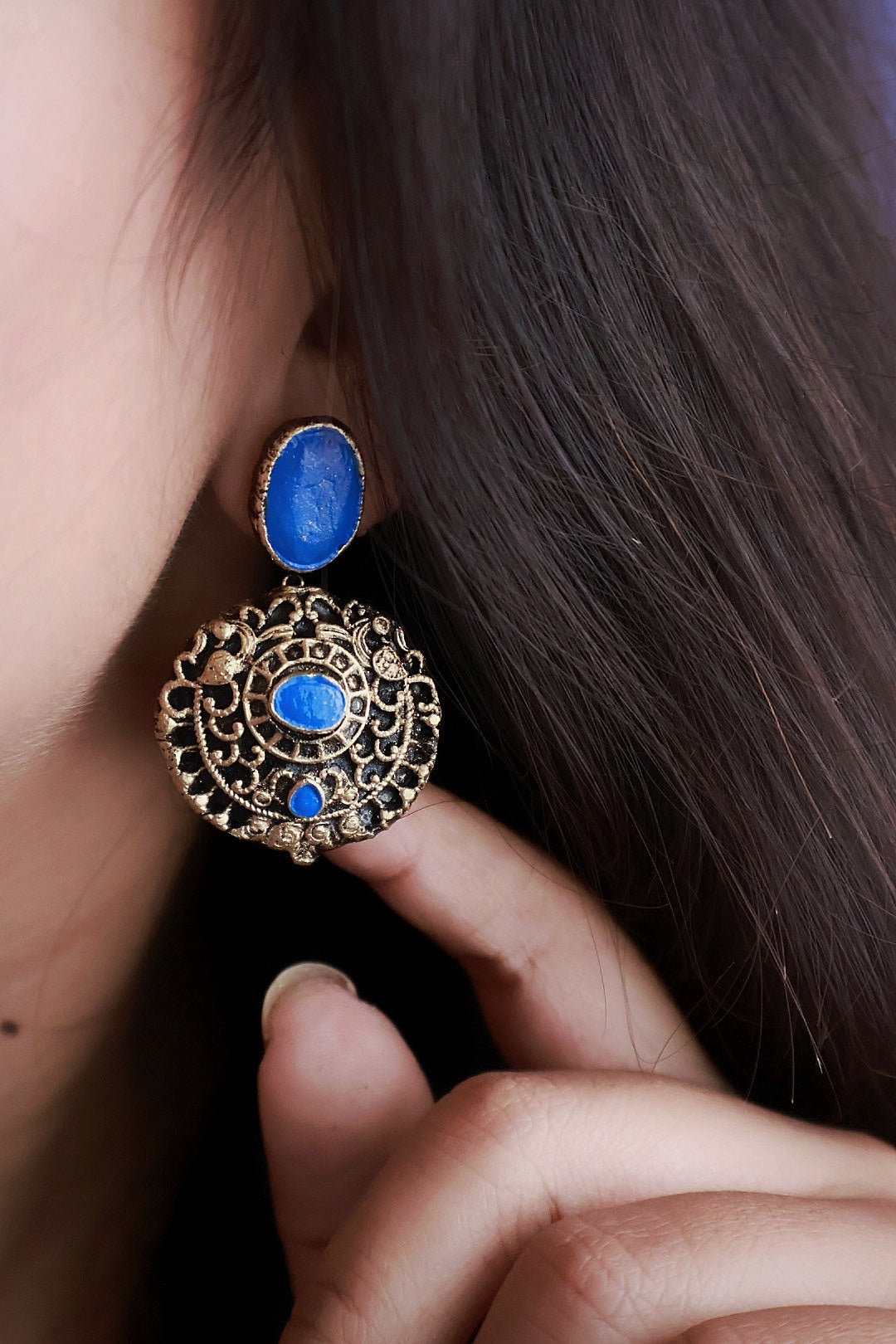 Janaki — Royal Blue Stone Antique Gold Filigree Earrings Handmade Jewellery