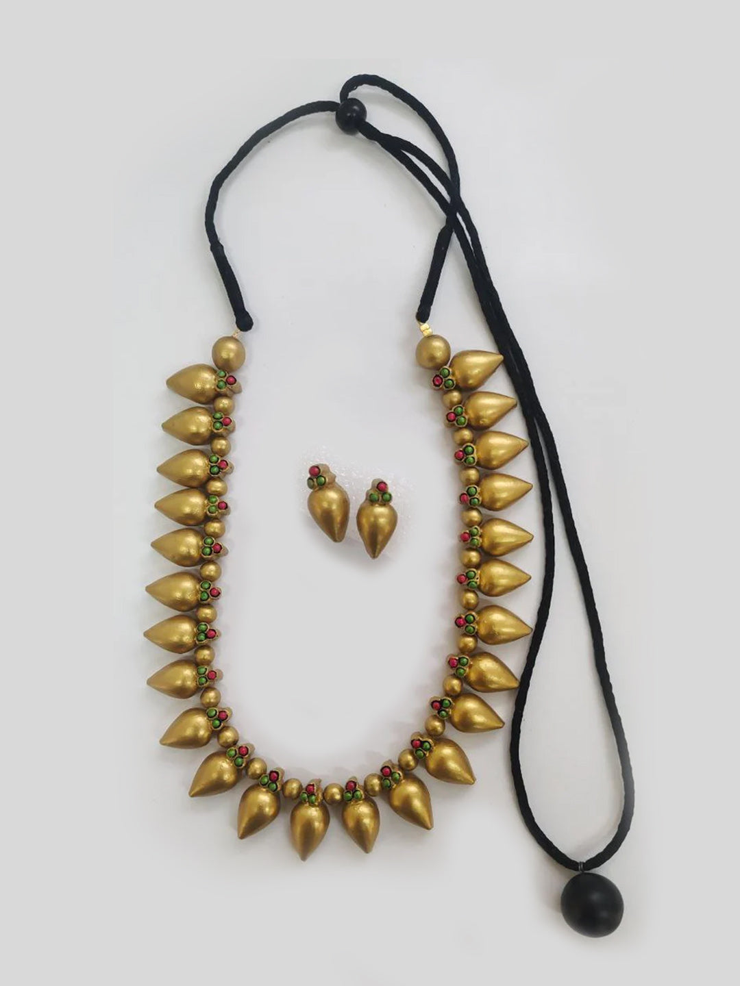 Terracotta Antique Gold Teardrop Necklace Set with Red & Green Accents