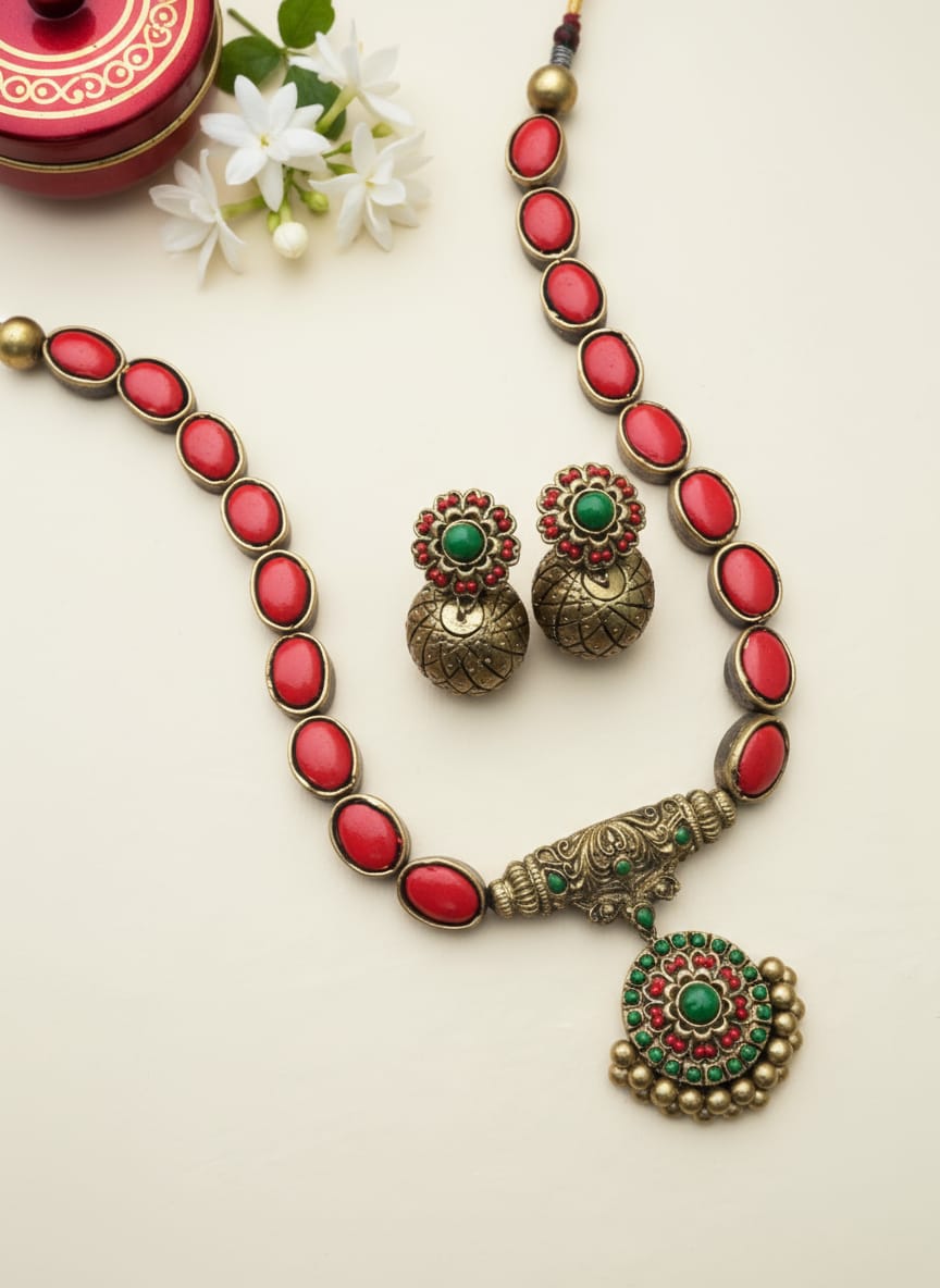 Terracotta Ruby Bloom Necklace Set With Jhumkas