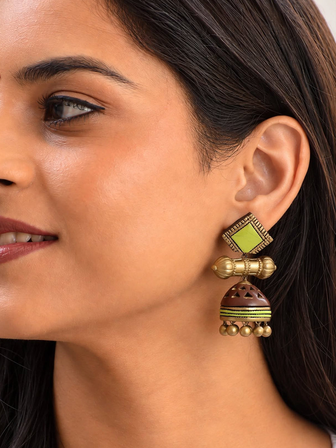 Handmade Terracotta Jhumka Earrings in Antique Gold Brown Green