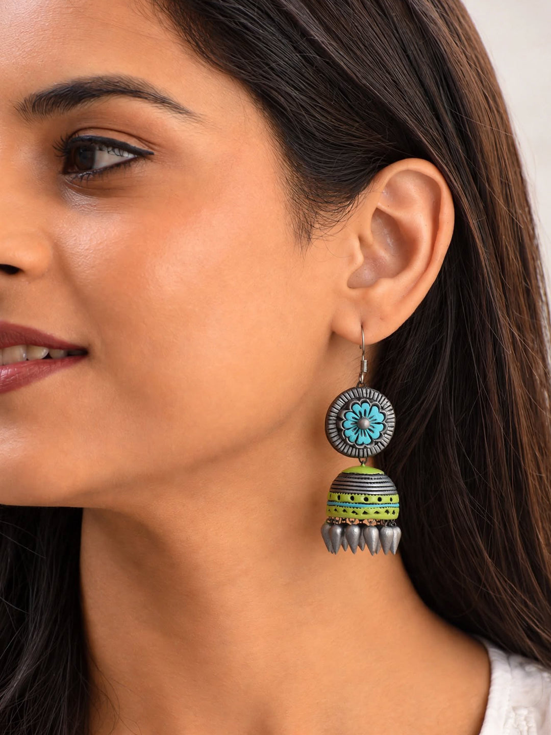 Big Handmade Terracotta Jhumka Hanging Earrings in Antique Silver Blue and Light Green
